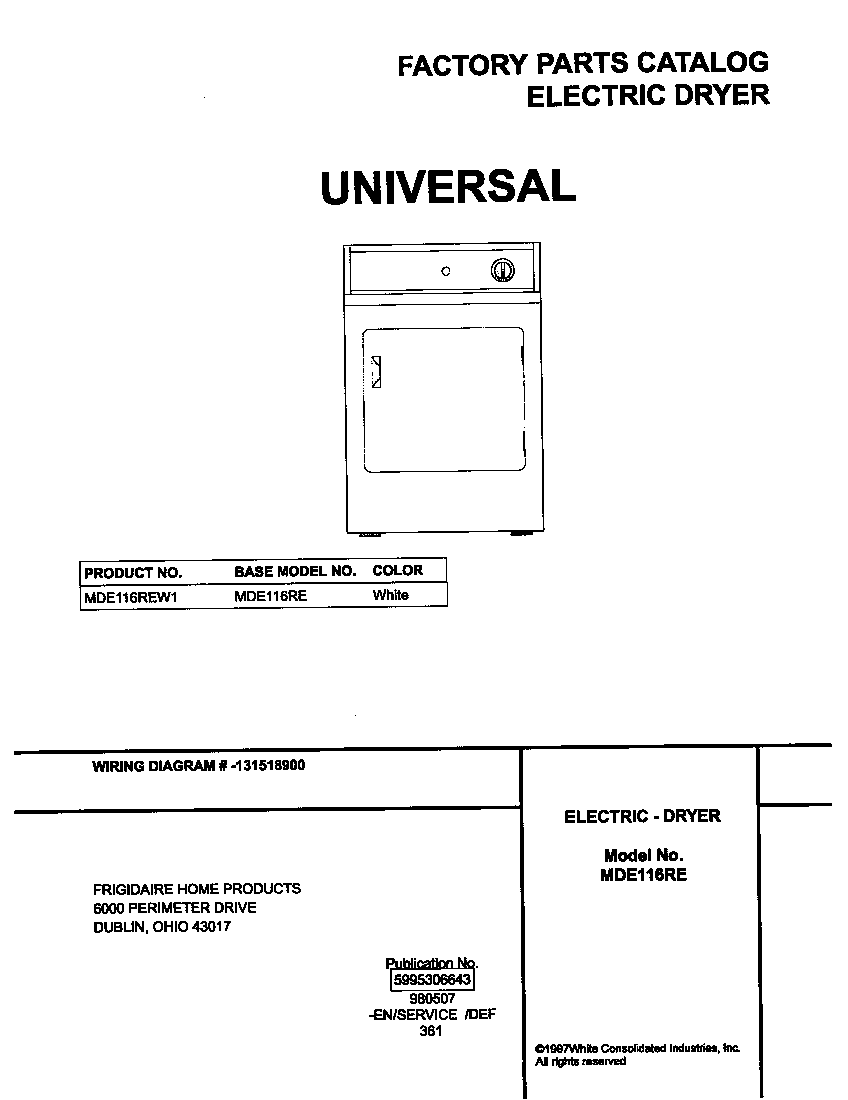 Universal/Multiflex (Frigidaire) MDE116REW1 cover diagram