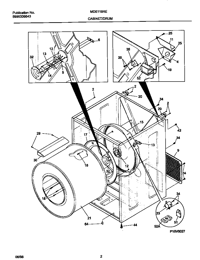 Universal/Multiflex (Frigidaire) MDE116REW1 cabinet/drum diagram