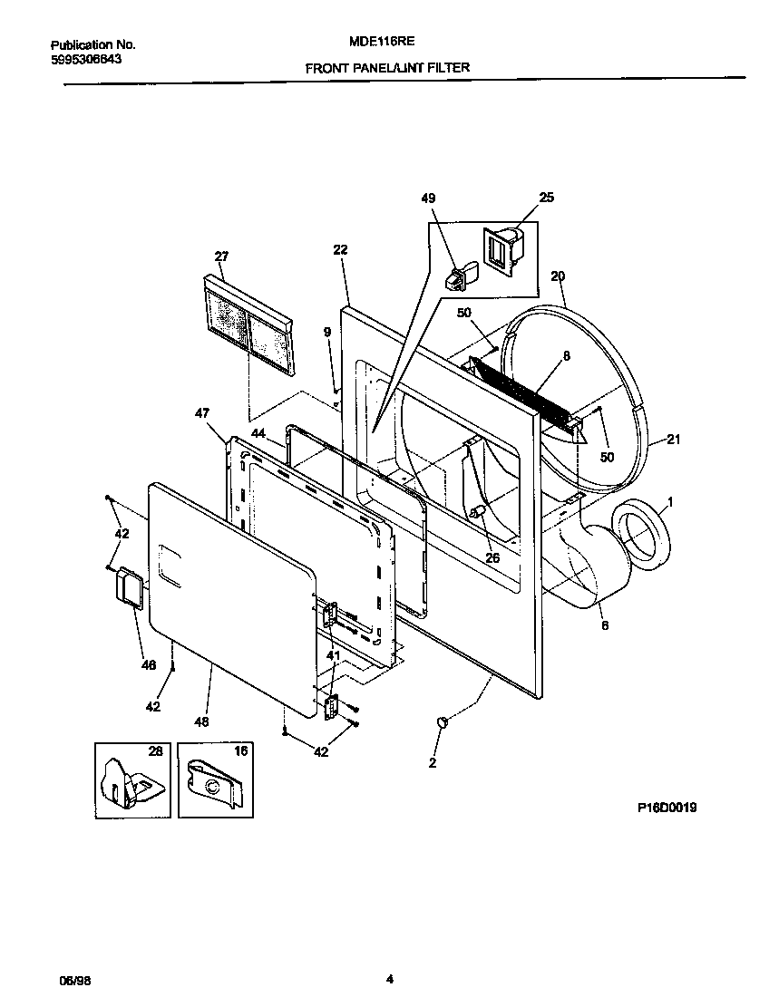 Universal/Multiflex (Frigidaire) MDE116REW1 front panel/lint filter diagram