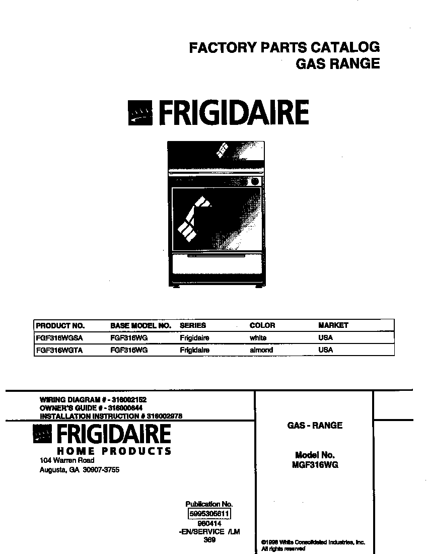 Frigidaire FGF316WGTA cover diagram