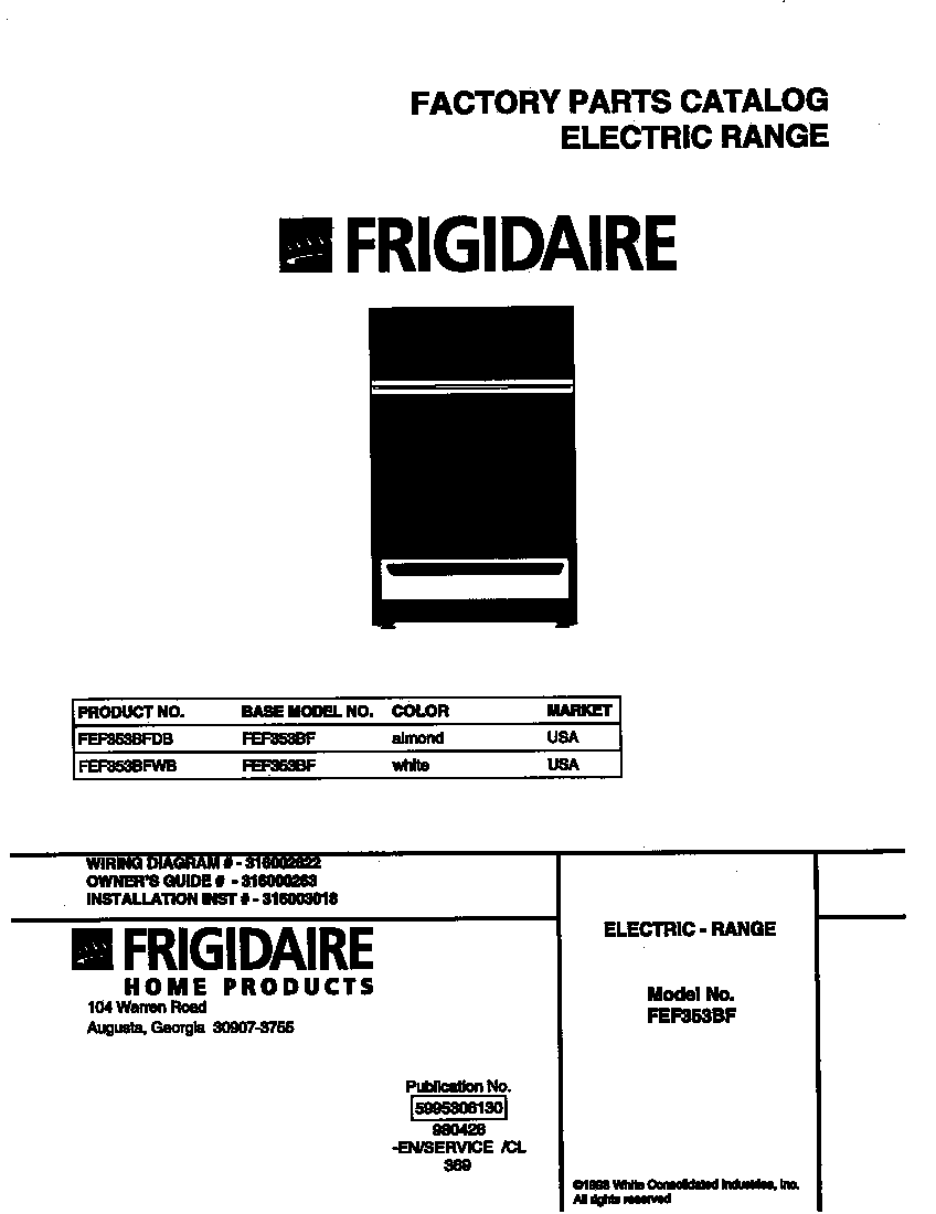 Frigidaire FEF353BFWB cover diagram