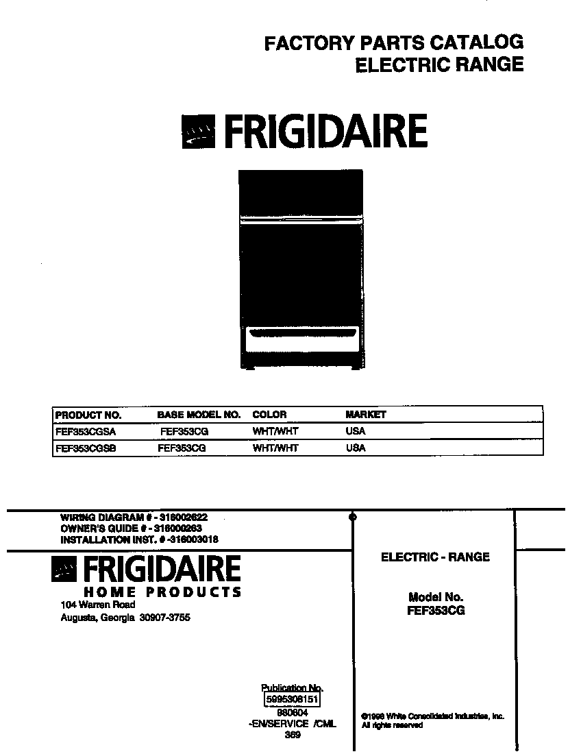 Frigidaire FEF353CGSB cover diagram