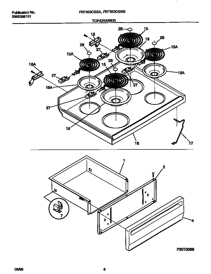 Frigidaire FEF353CGSB top/drawer diagram