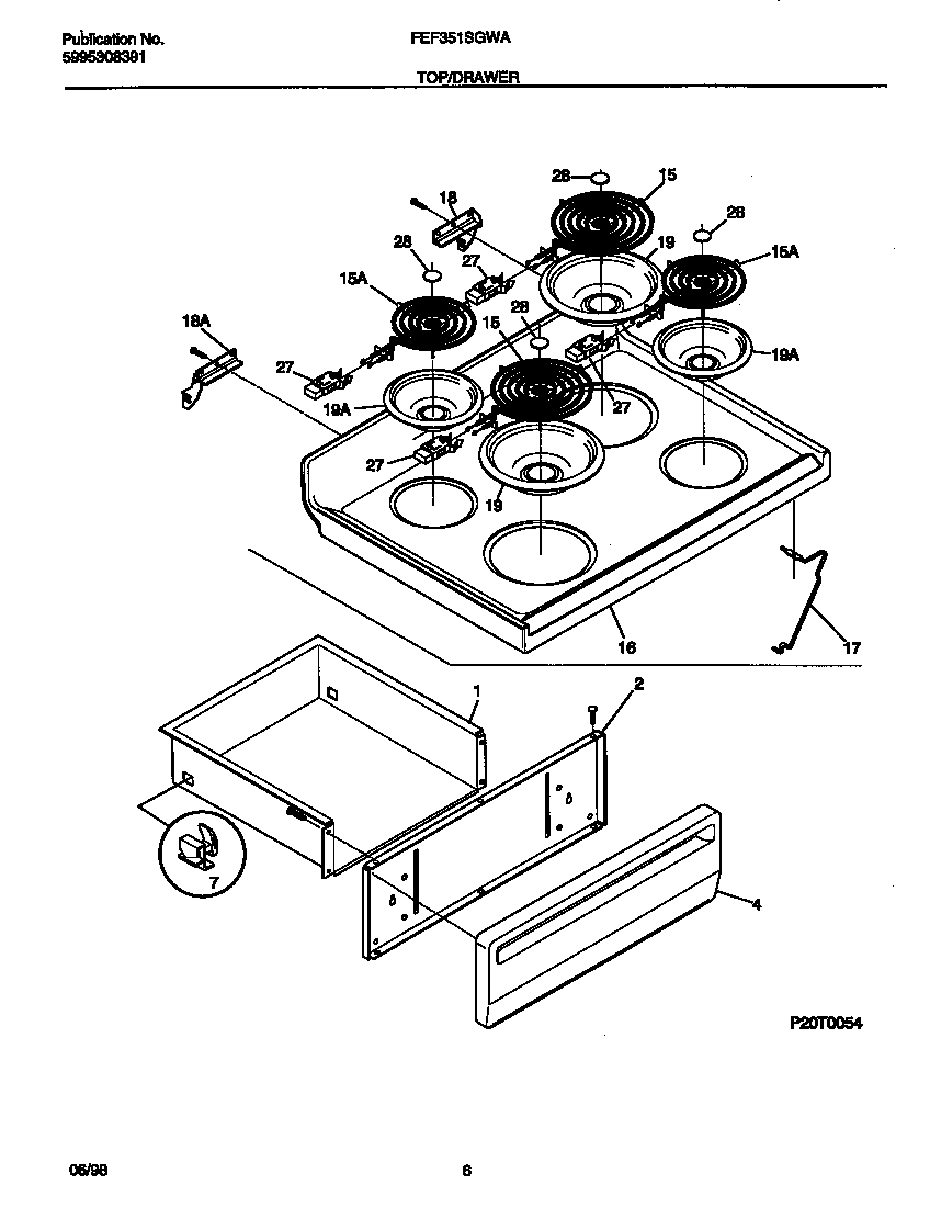 Frigidaire FEF351SGWA top/drawer diagram