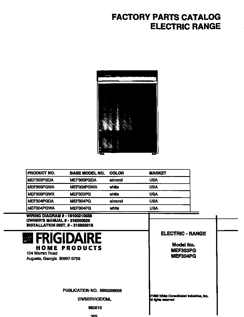 Universal/Multiflex (Frigidaire) MEF304PGDA cover diagram