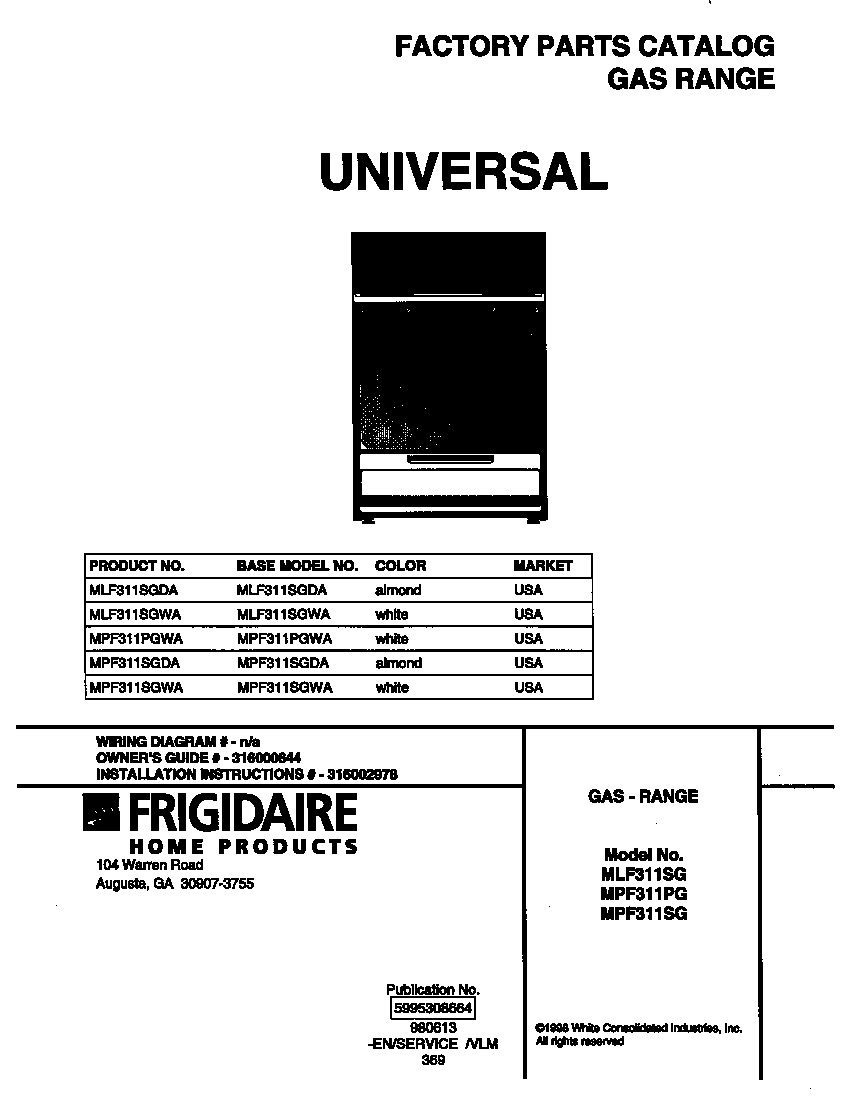 Universal/Multiflex (Frigidaire) MLF311SGDA cover diagram