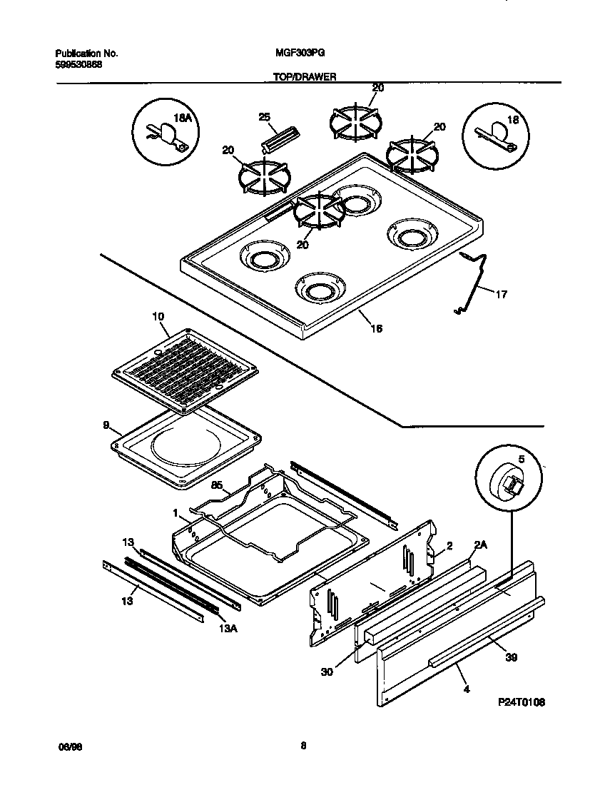 Universal/Multiflex (Frigidaire) MGF303PGDA top/drawer diagram