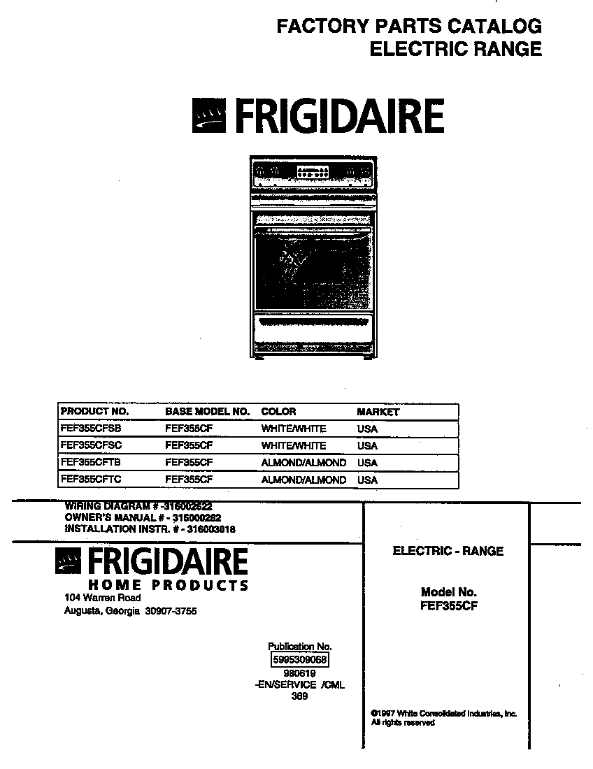 Frigidaire FEF355CFSB cover diagram