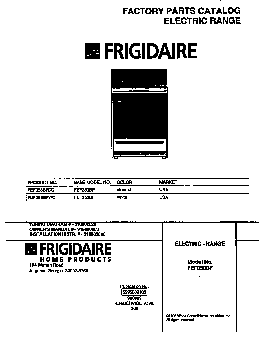 Frigidaire FEF353BFDC cover diagram