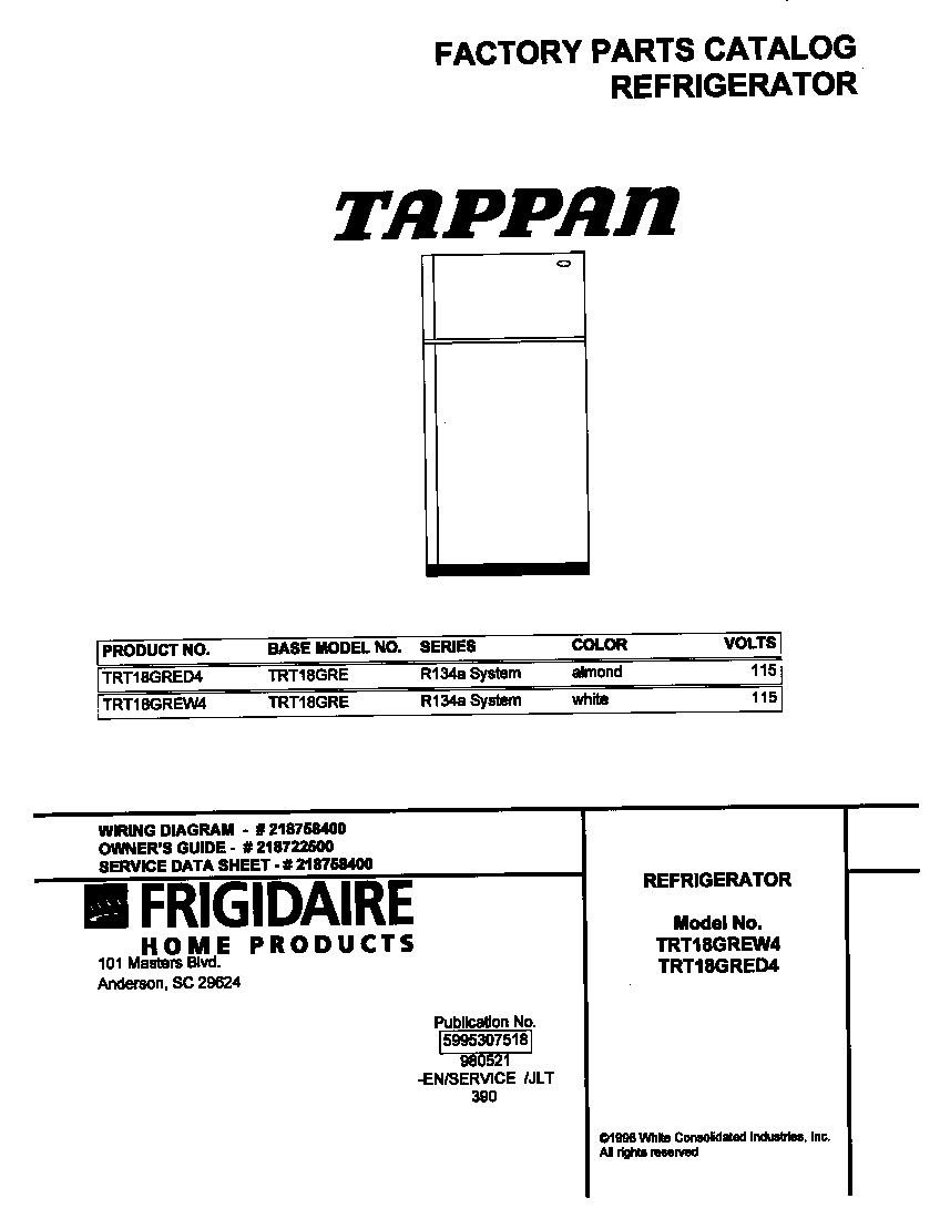 Tappan TRT18GREW4 cover diagram