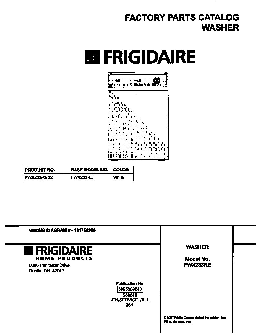 Frigidaire FWX233RES2 cover diagram