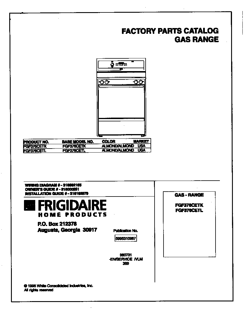 Frigidaire FGF376CETK cover diagram