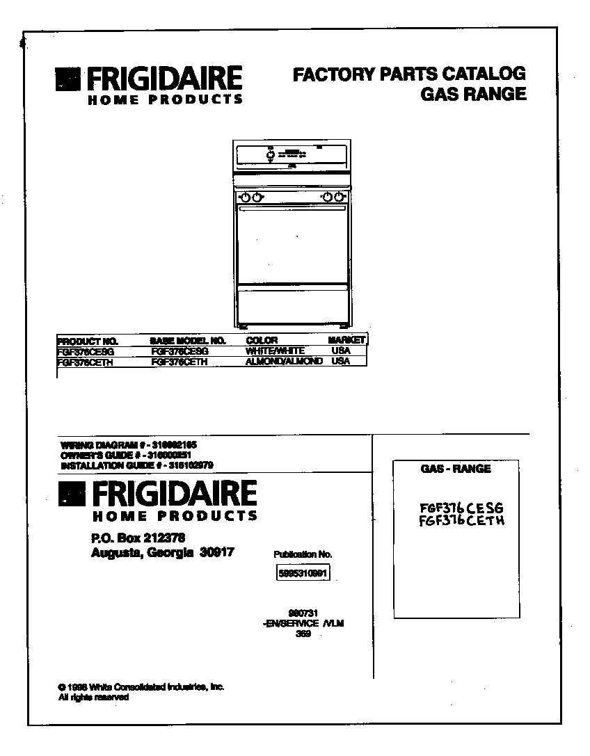 Frigidaire FGF376CETH cover diagram