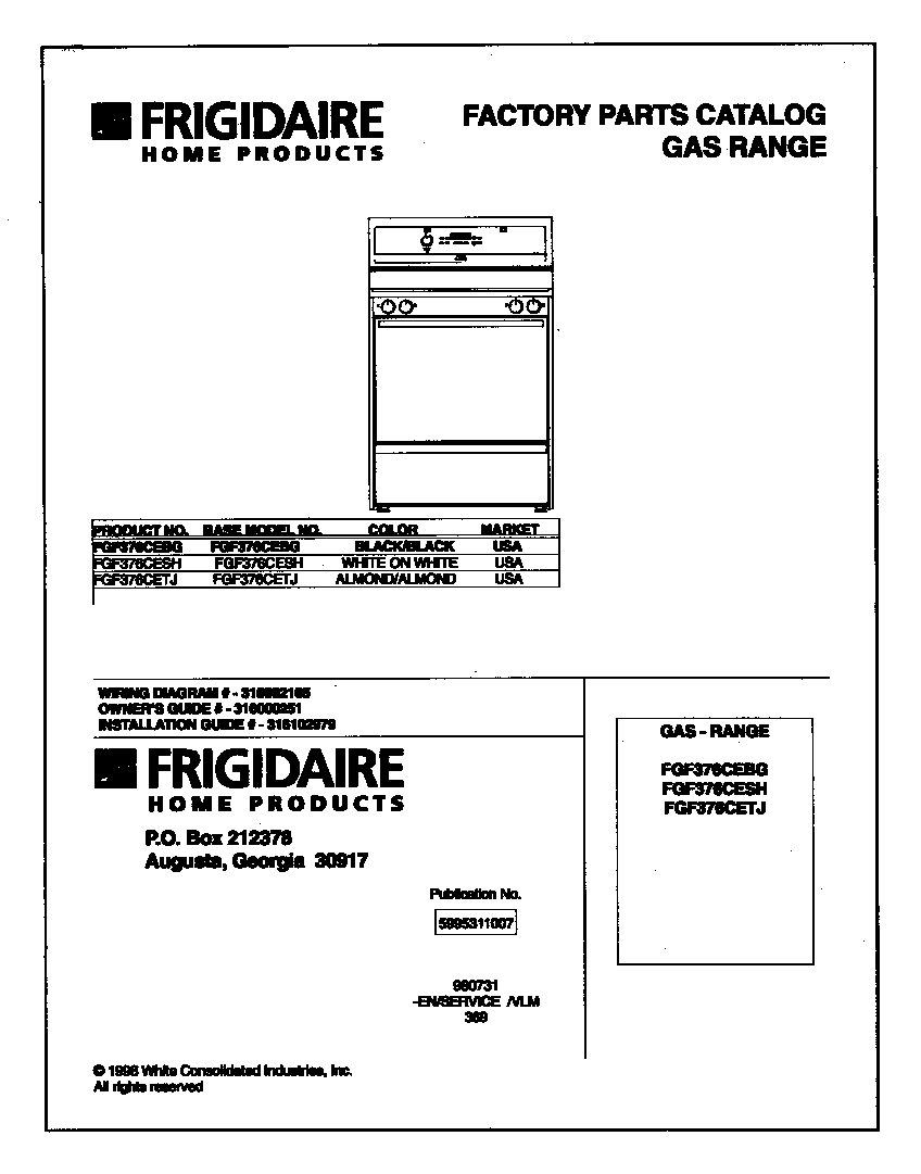 Frigidaire FGF376CEBG cover diagram