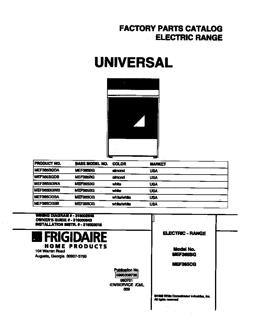 Universal/Multiflex (Frigidaire) MEF365BGWA cover diagram