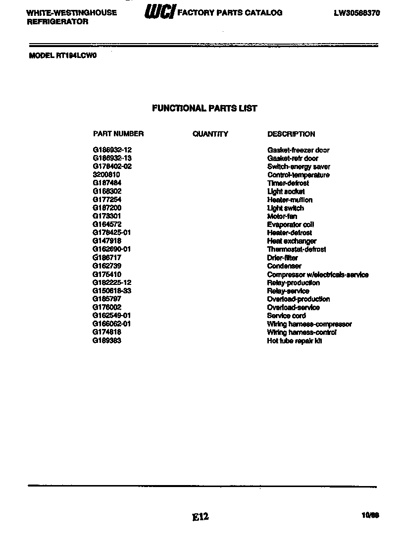 White-Westinghouse RT194LCW0 functional parts diagram