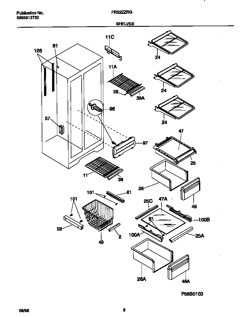 Frigidaire FRS22ZRGW2 shelves diagram