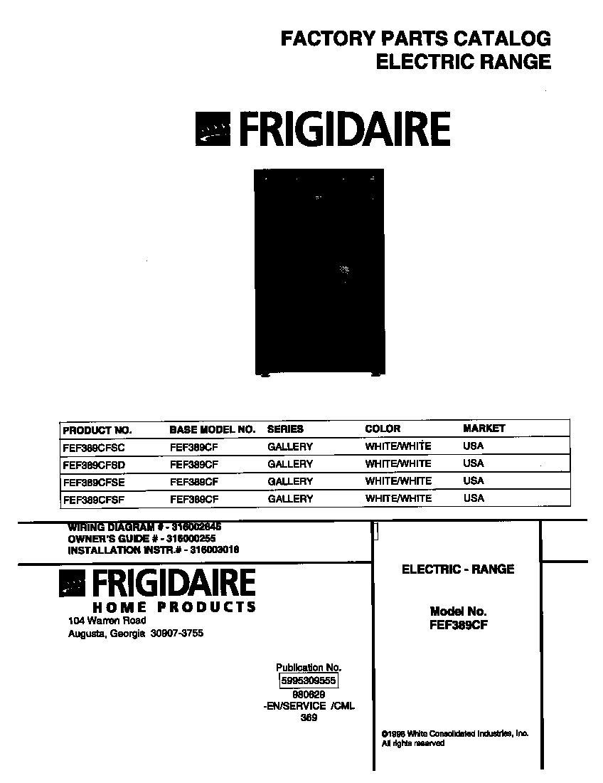 Frigidaire FEF389CFSC cover diagram