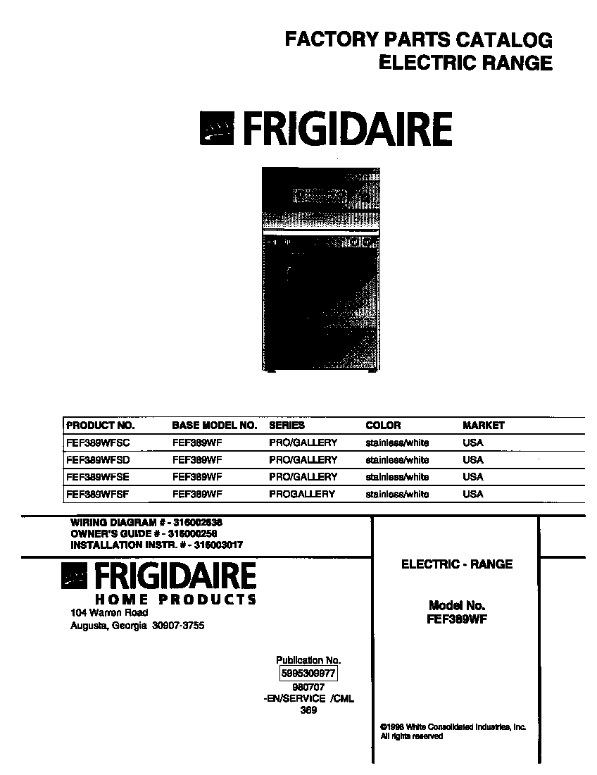 Frigidaire FEF389WFSC cover diagram