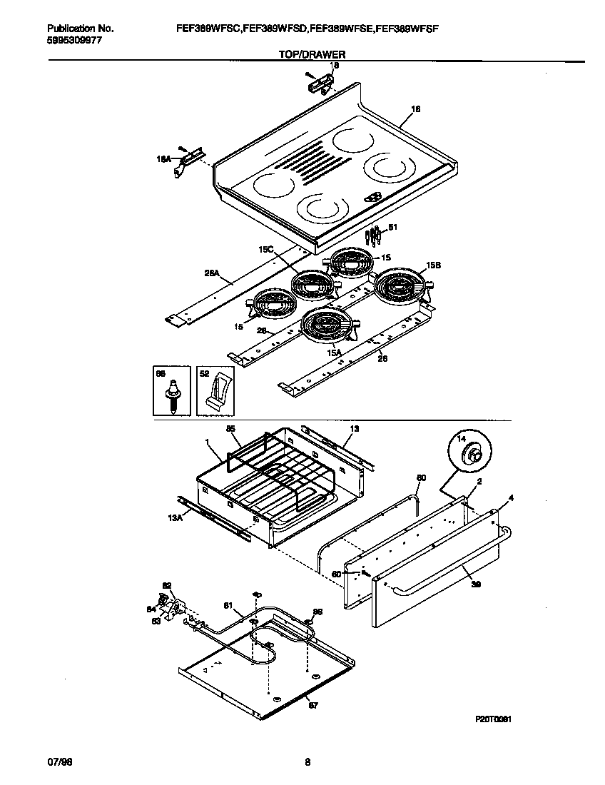 Frigidaire FEF389WFSC top/drawer diagram