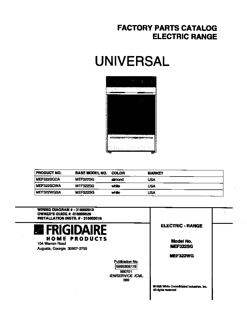 Universal/Multiflex (Frigidaire) MEF322SGWA cover diagram