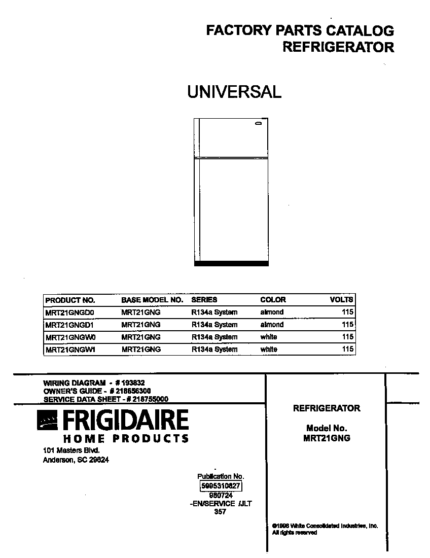 Universal/Multiflex (Frigidaire) MRT21GNGD1 cover diagram