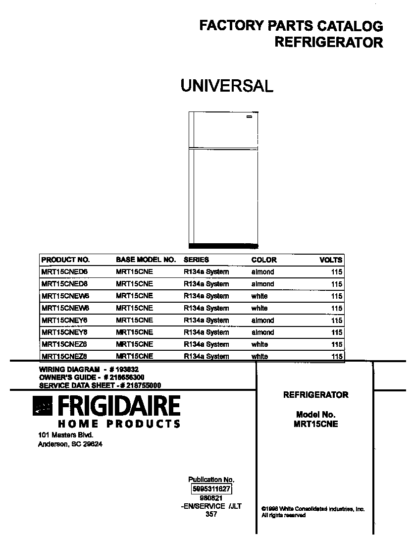 Universal/Multiflex (Frigidaire) MRT15CNED8 cover diagram