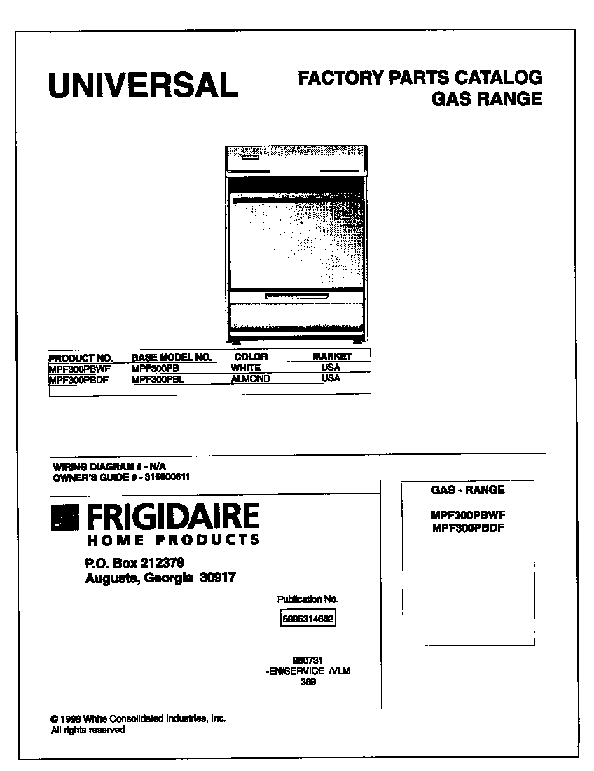 Universal/Multiflex (Frigidaire) MPF300PBWF cover diagram
