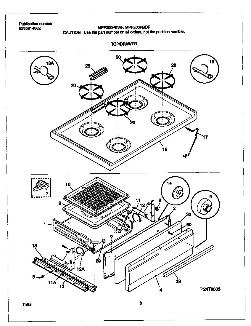 Universal/Multiflex (Frigidaire) MPF300PBWF top/drawer diagram
