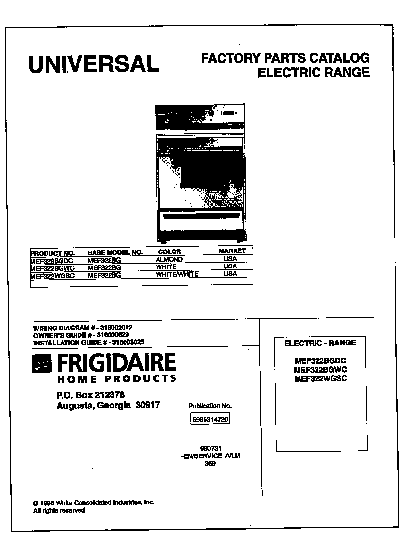 Universal/Multiflex (Frigidaire) MEF322WGSC cover diagram