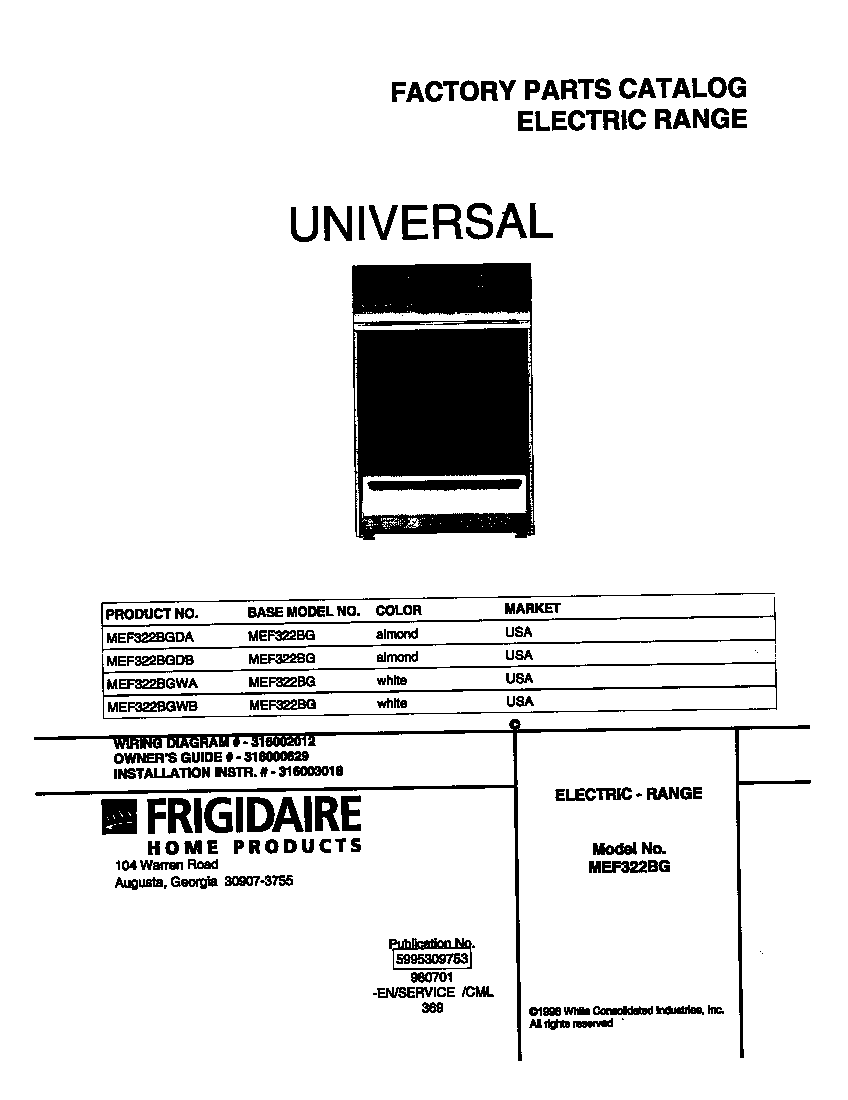 Universal/Multiflex (Frigidaire) MEF322BGDB cover diagram