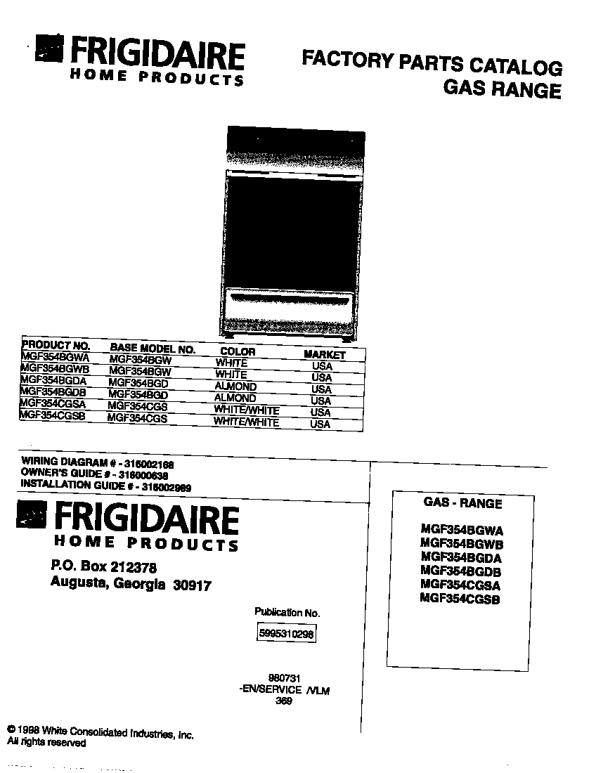 Universal/Multiflex (Frigidaire) MGF354CGSA cover diagram