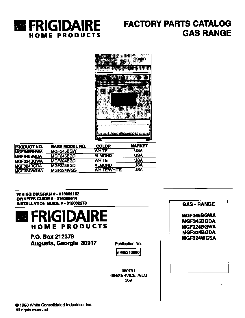 Universal/Multiflex (Frigidaire) MGF324BGWA cover diagram