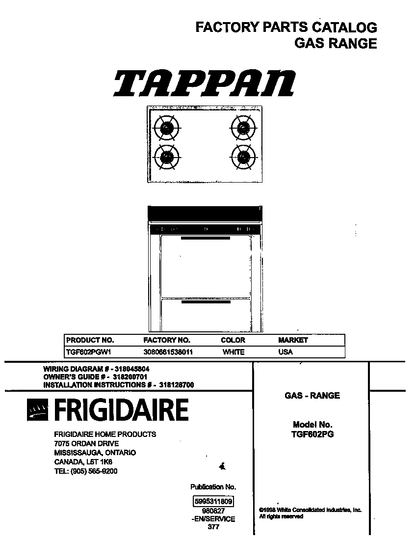 Tappan TGF602PGW1 cover diagram