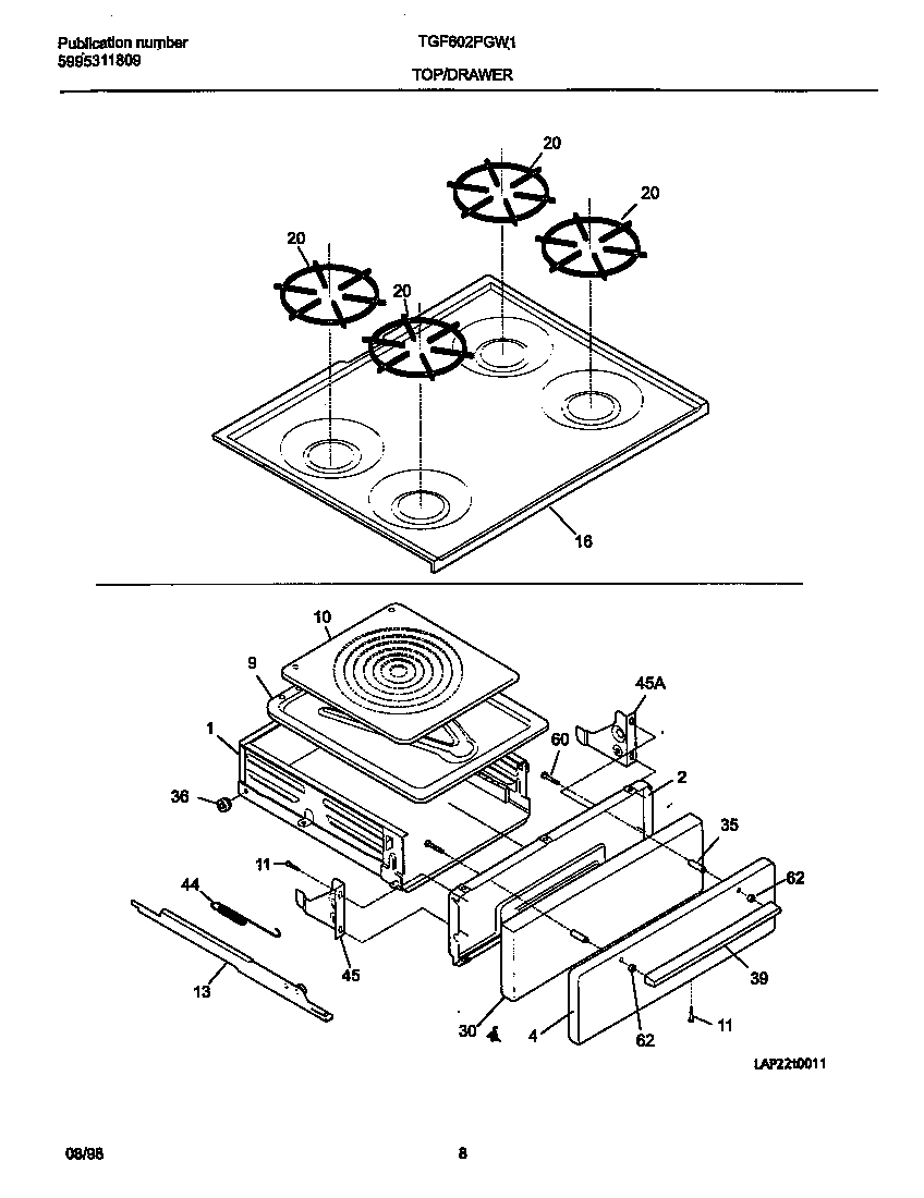Tappan TGF602PGW1 top/drawer diagram