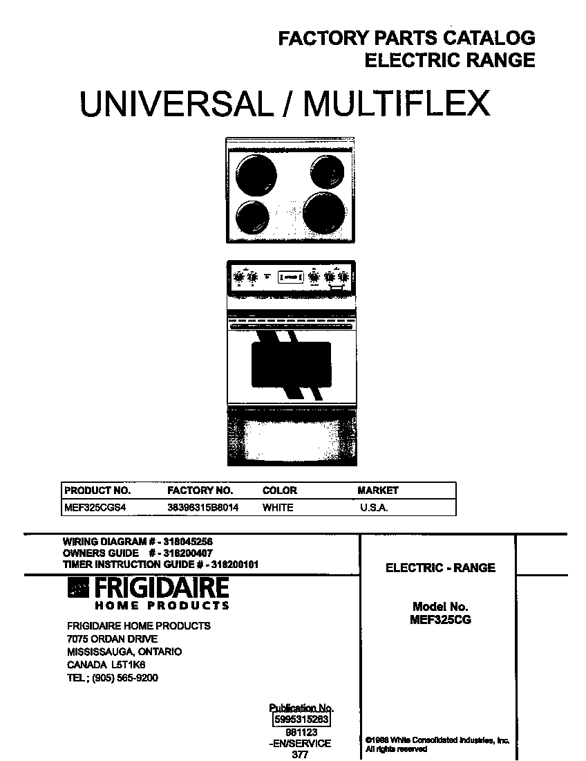 Universal/Multiflex (Frigidaire) MEF325CGS4 cover diagram