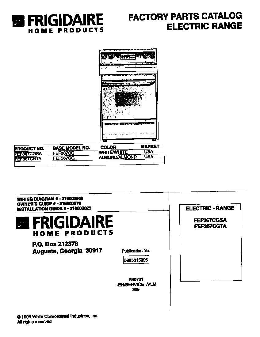 Frigidaire FEF367CGTA cover diagram
