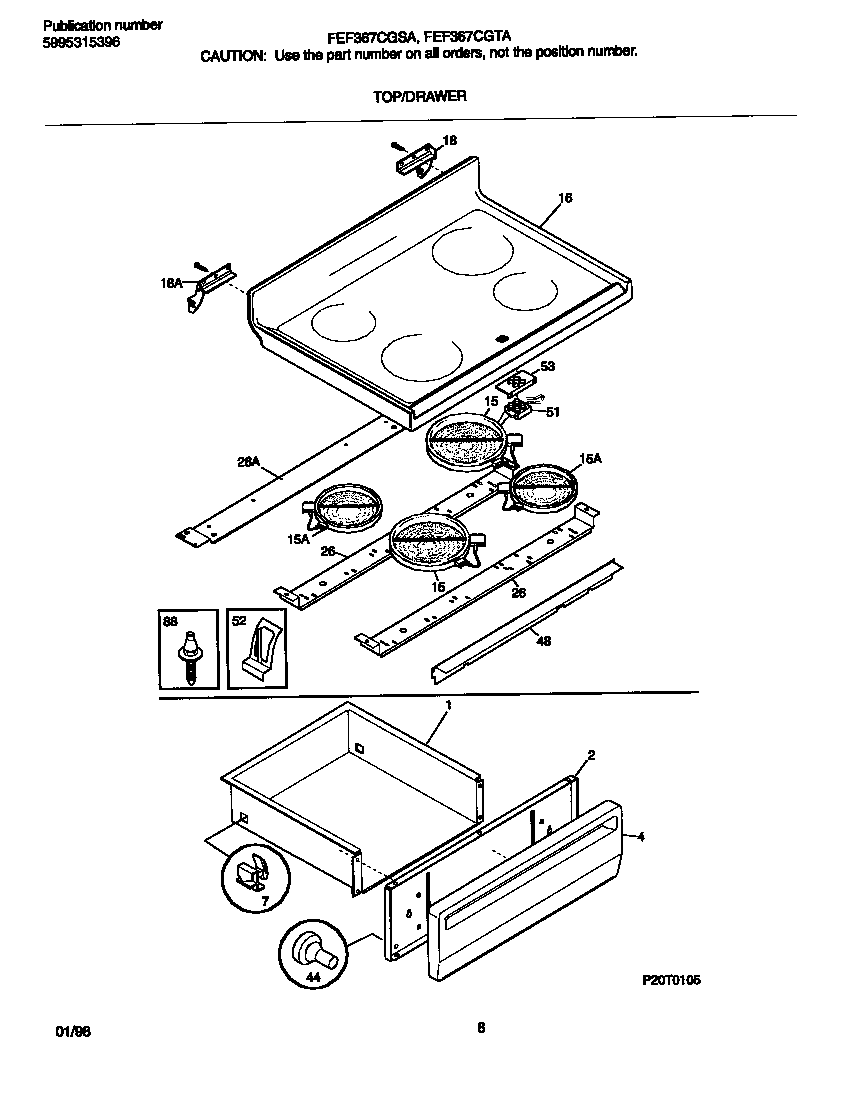 Frigidaire FEF367CGTA top/drawer diagram
