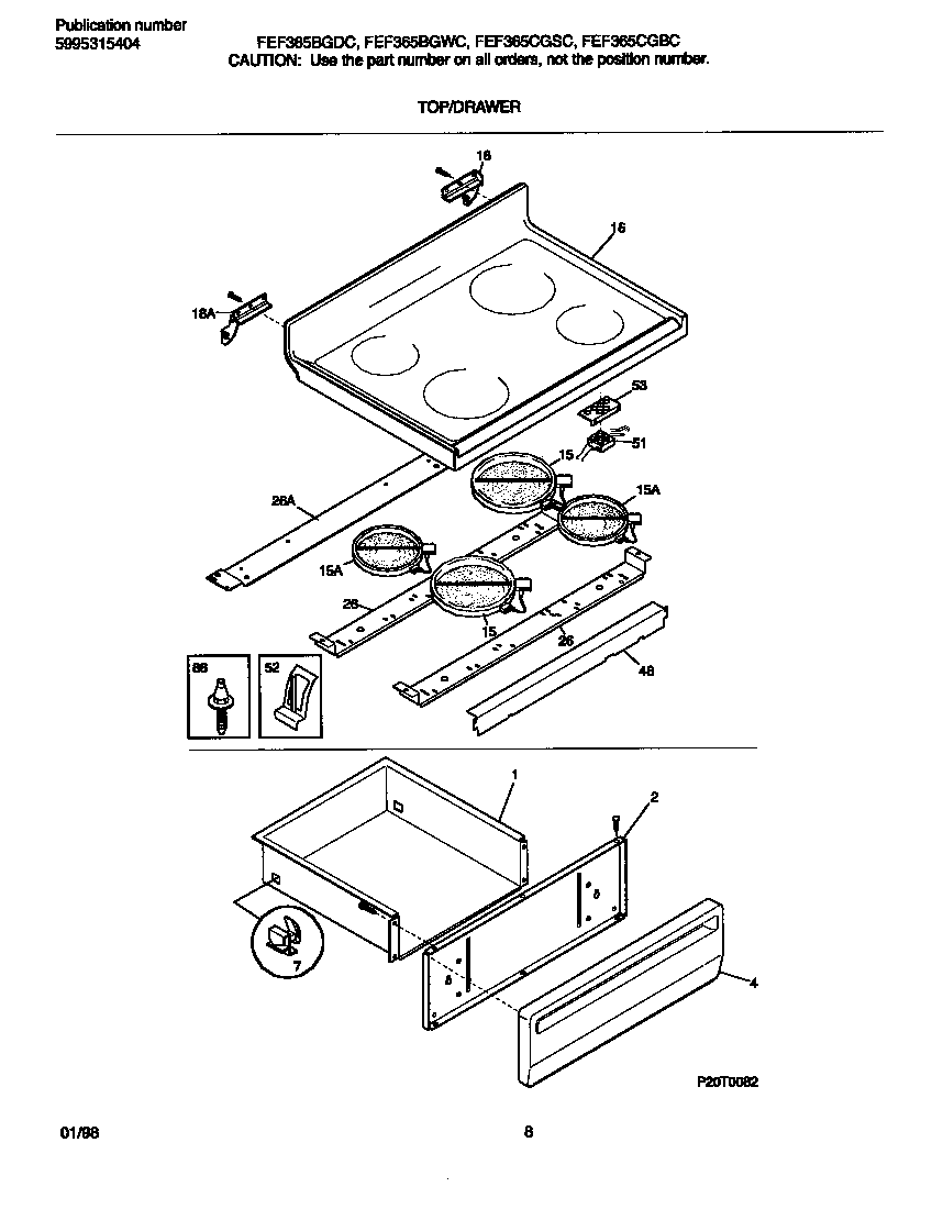 Frigidaire FEF365BGWC top/drawer diagram
