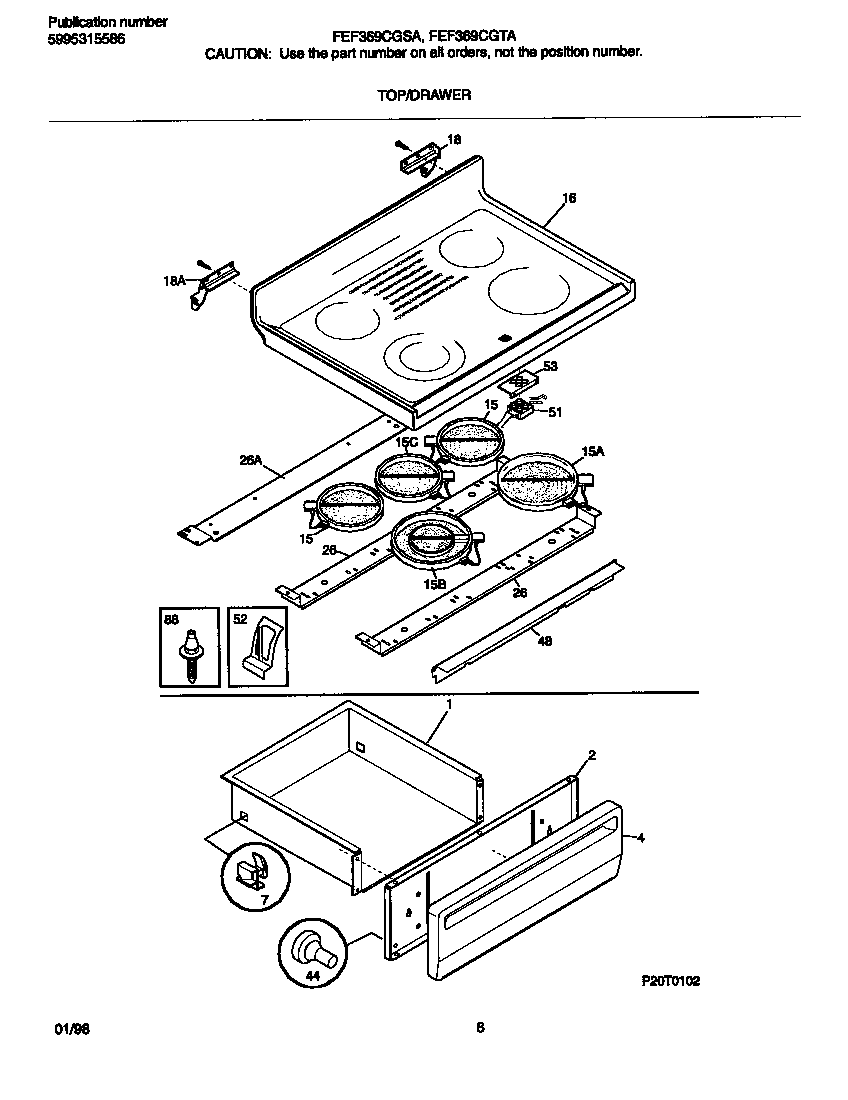 Frigidaire FEF369CGSA top/drawer diagram