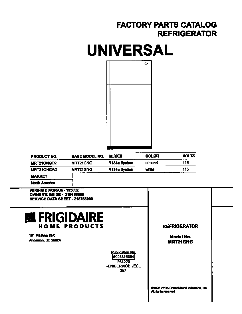 Universal/Multiflex (Frigidaire) MRT21GNGD2 cover diagram