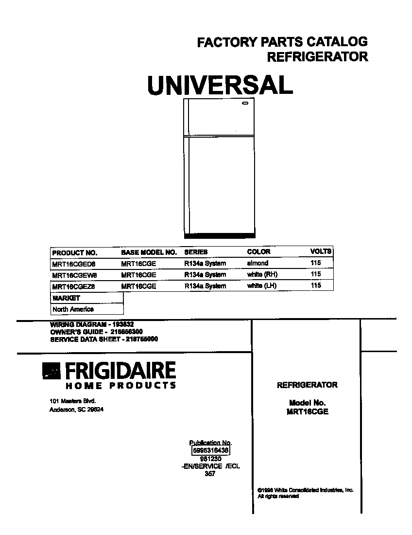 Universal/Multiflex (Frigidaire) MRT16CGED8 cover diagram