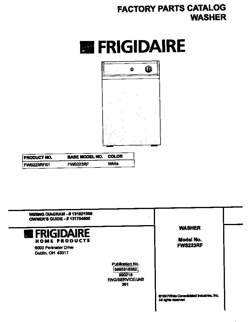 Frigidaire FWS223RFS1 cover diagram