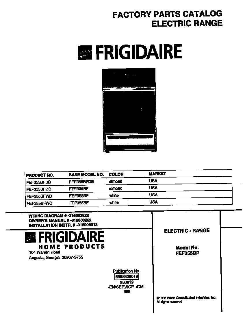 Frigidaire FEF355BFDB cover diagram