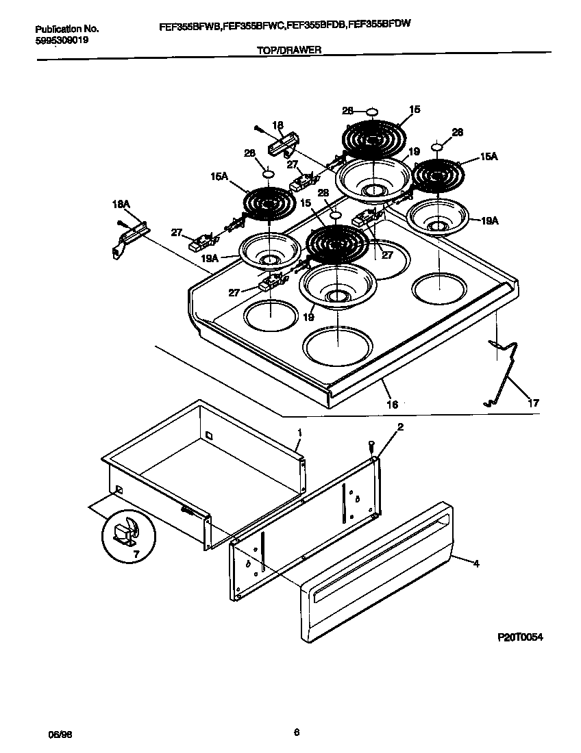 Frigidaire FEF355BFDB top/drawer diagram
