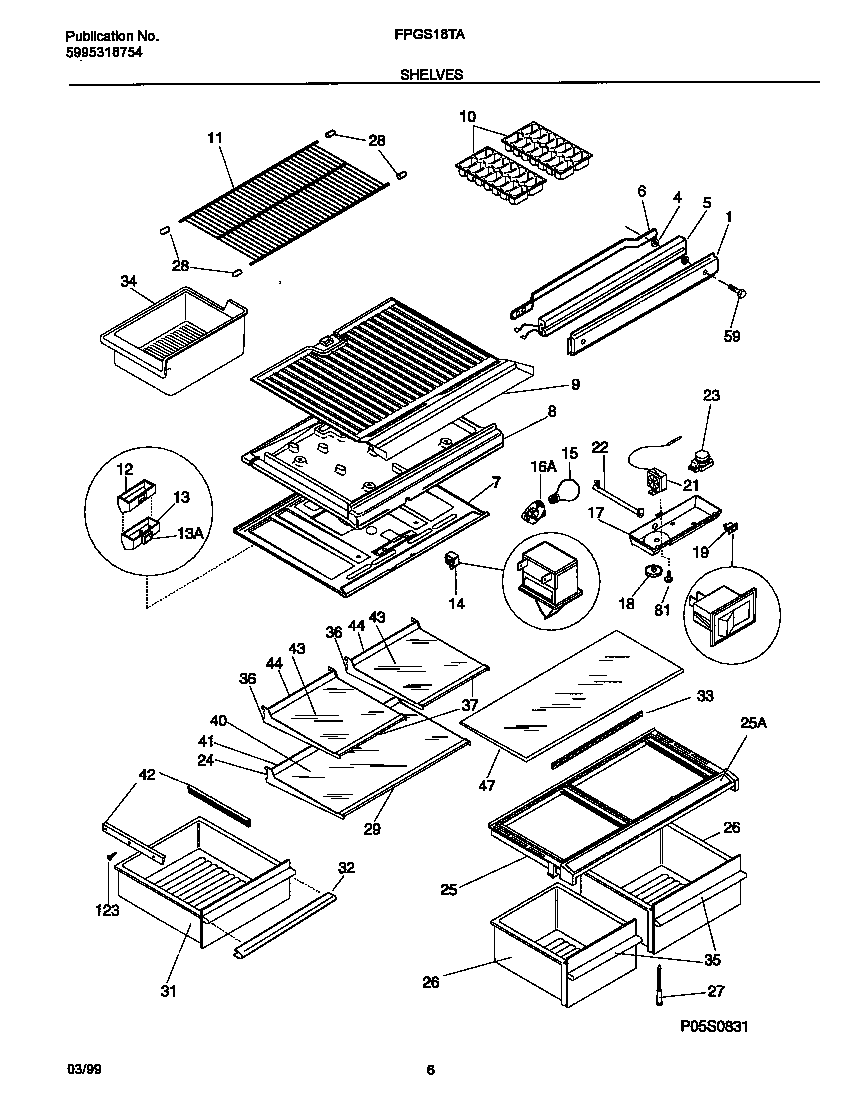 Frigidaire FPGS18TAW3 shelves diagram