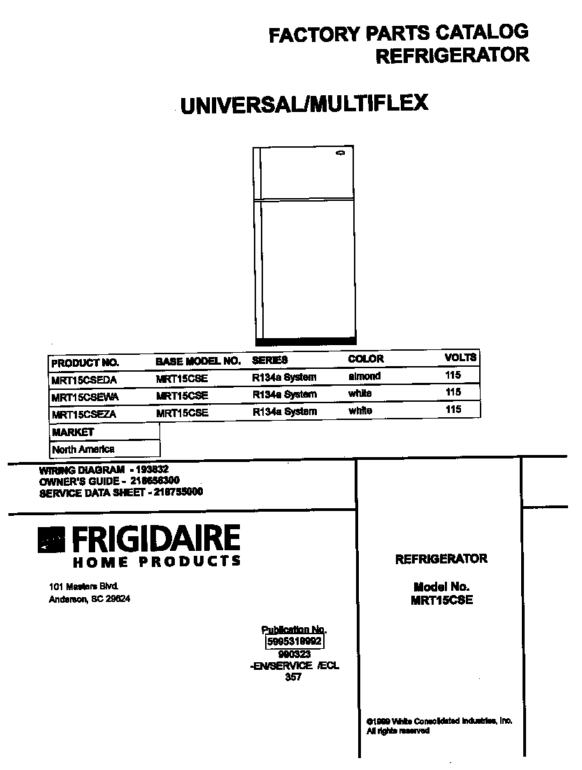 Universal/Multiflex (Frigidaire) MRT15CSEZA cover diagram
