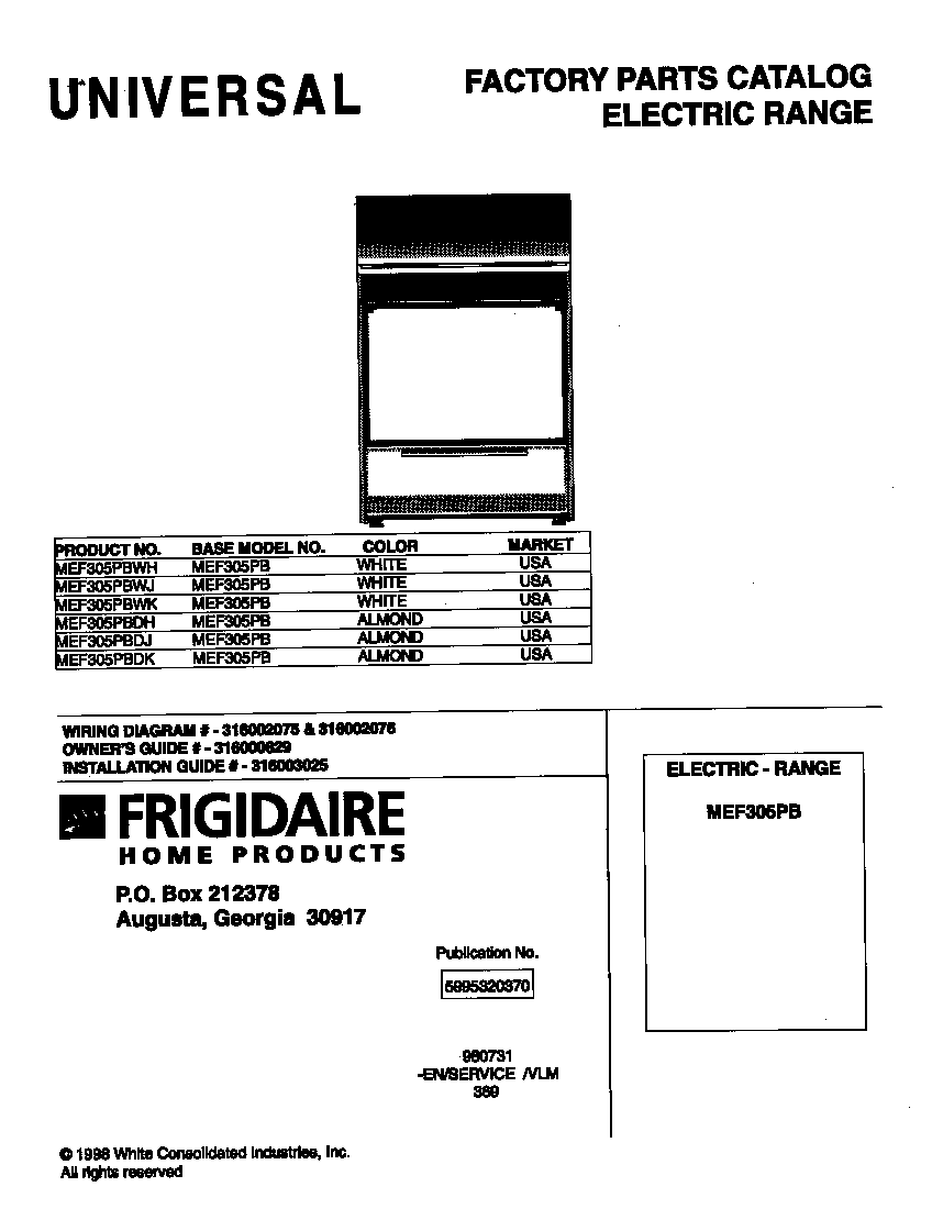 Universal/Multiflex (Frigidaire) MEF305PBWJ cover diagram
