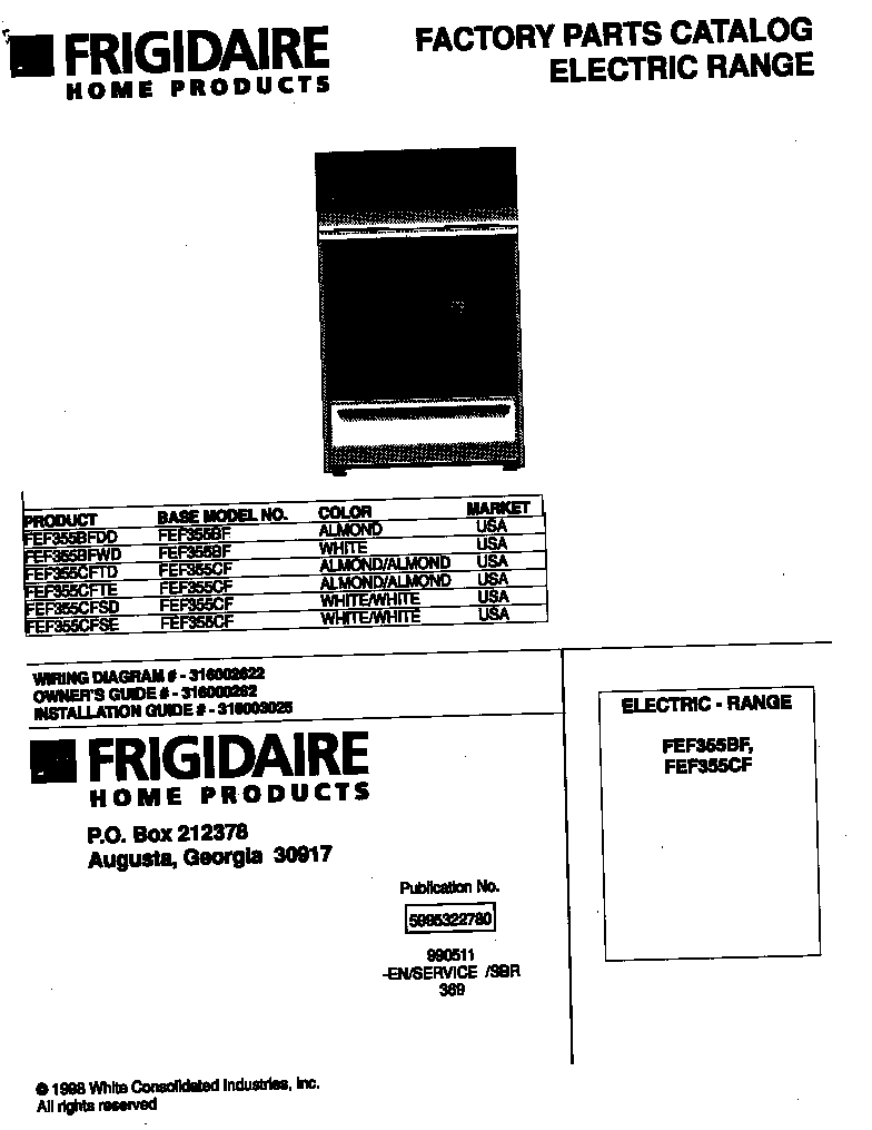 Frigidaire FEF355CFTD cover diagram