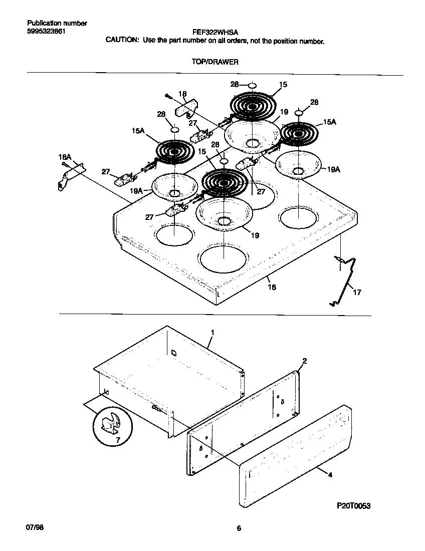 Frigidaire FEF322WHSA top/drawer diagram